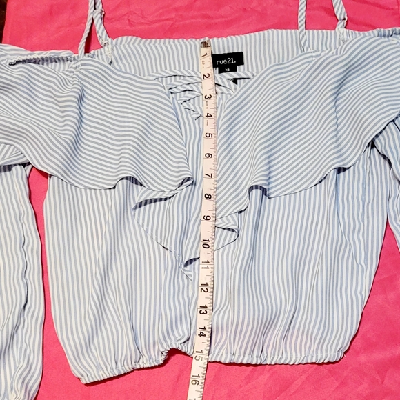 Rue21 Light Blue Striped Off The Shoulder Cropped Blouse W/ Ruffle Detail. Sz Xs - Picture 7 of 10